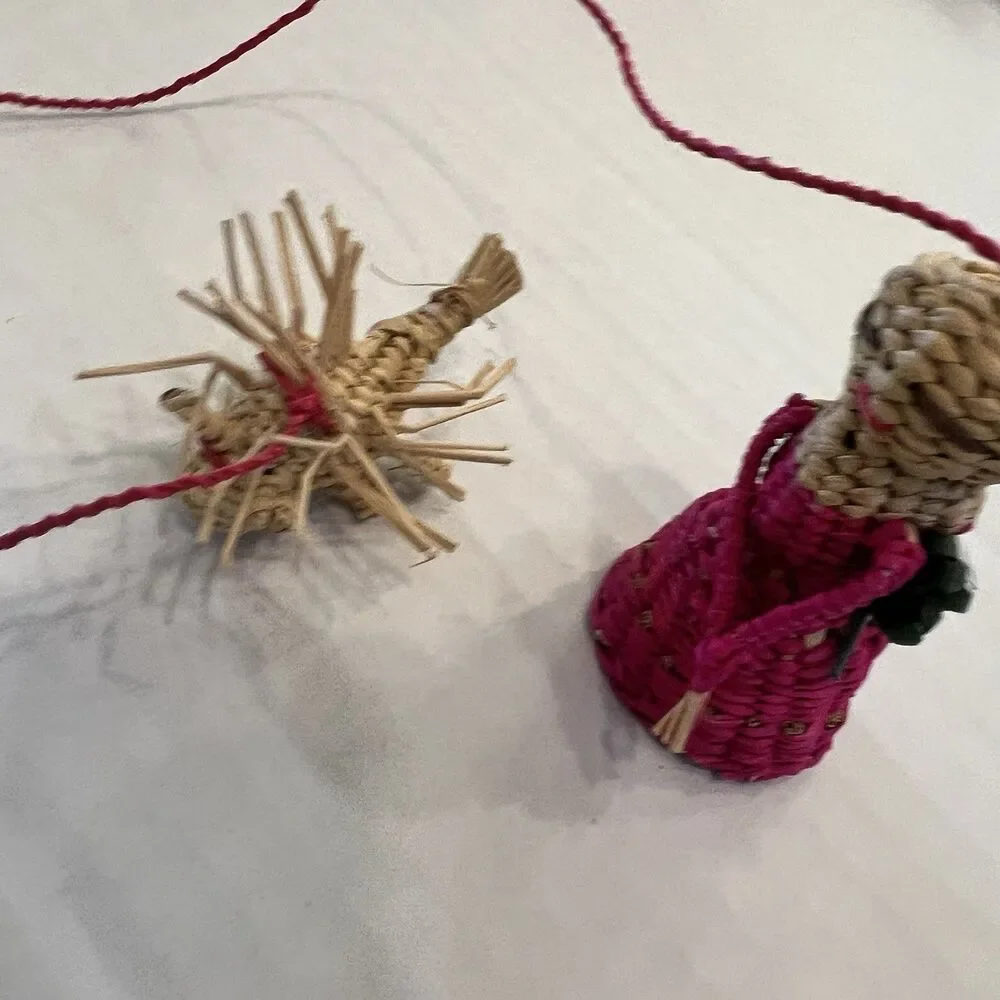 3 Handwoven Woven Bamboo Christmas Ornament ethnic angel pig pink green natural